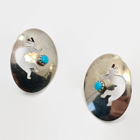 Kokopelli Earrings, Sterling Silver, Turquoise,Vintage, Flute Player - Picture 1 of 2